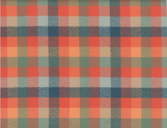 Cotton flannel in a plaid pattern, with orange, coral, and blue colors.