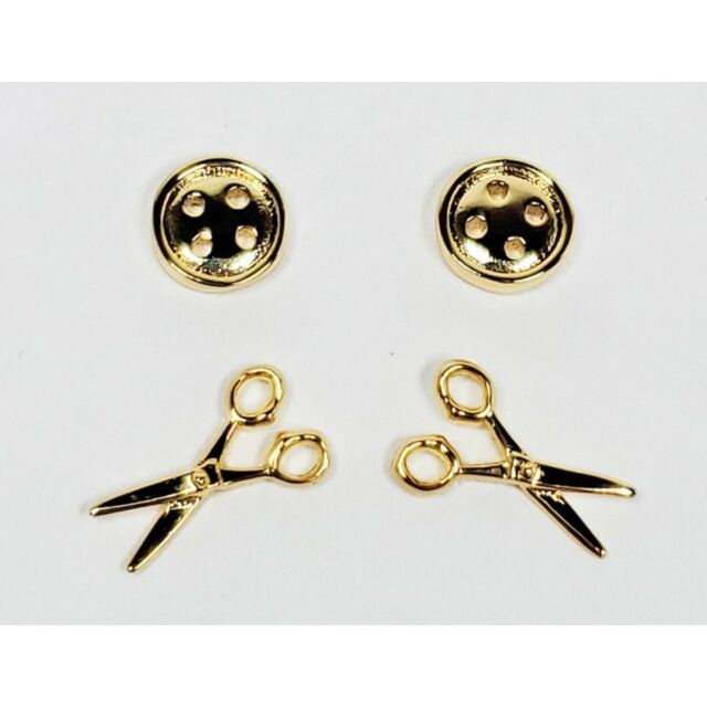 Button & Scissor Earrings Gold Tone