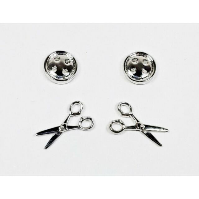 Button & Scissor Earrings Silver Tone