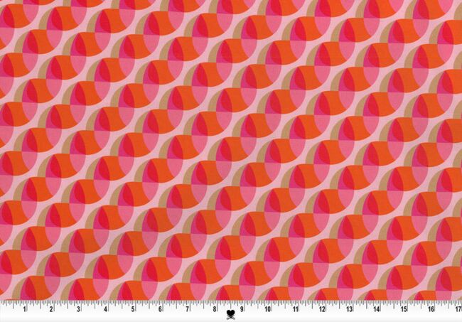 stretch poplin fabric of red, pink and orange geometric shapes